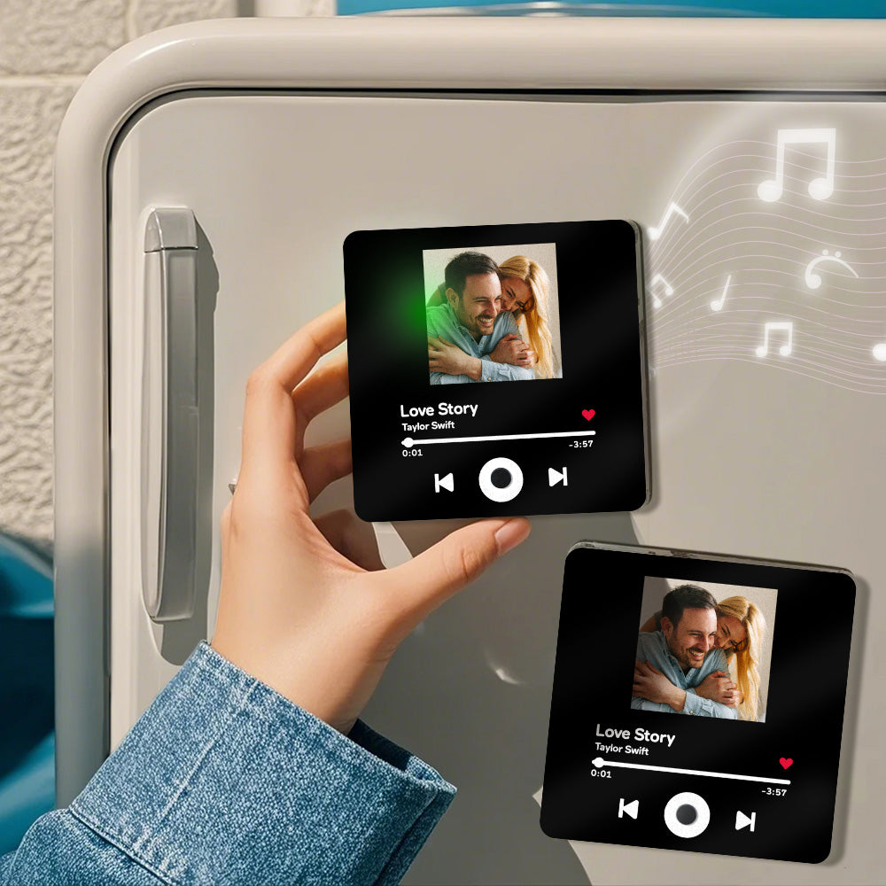 Close-up of personalised photo on music fridge magnet — high-resolution custom image example for a bespoke singing photo magnet gift