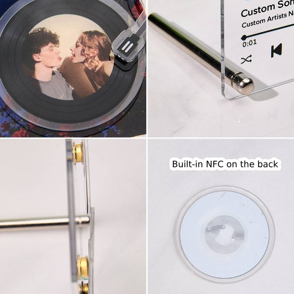NFC-enabled vinyl plaque with built-in chip and photo display