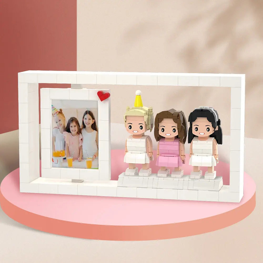 Customisable full-body 3-person brick figure photo frame with three personalised small-block figures — personalised keepsake gift for mum, graduation or Valentine’s