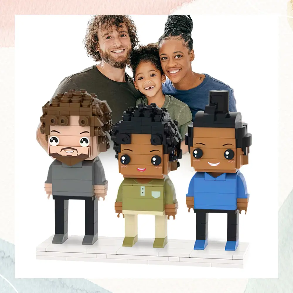 Full-body customisable 3-person brick figures on assembled display — personalised small particle block keepsake