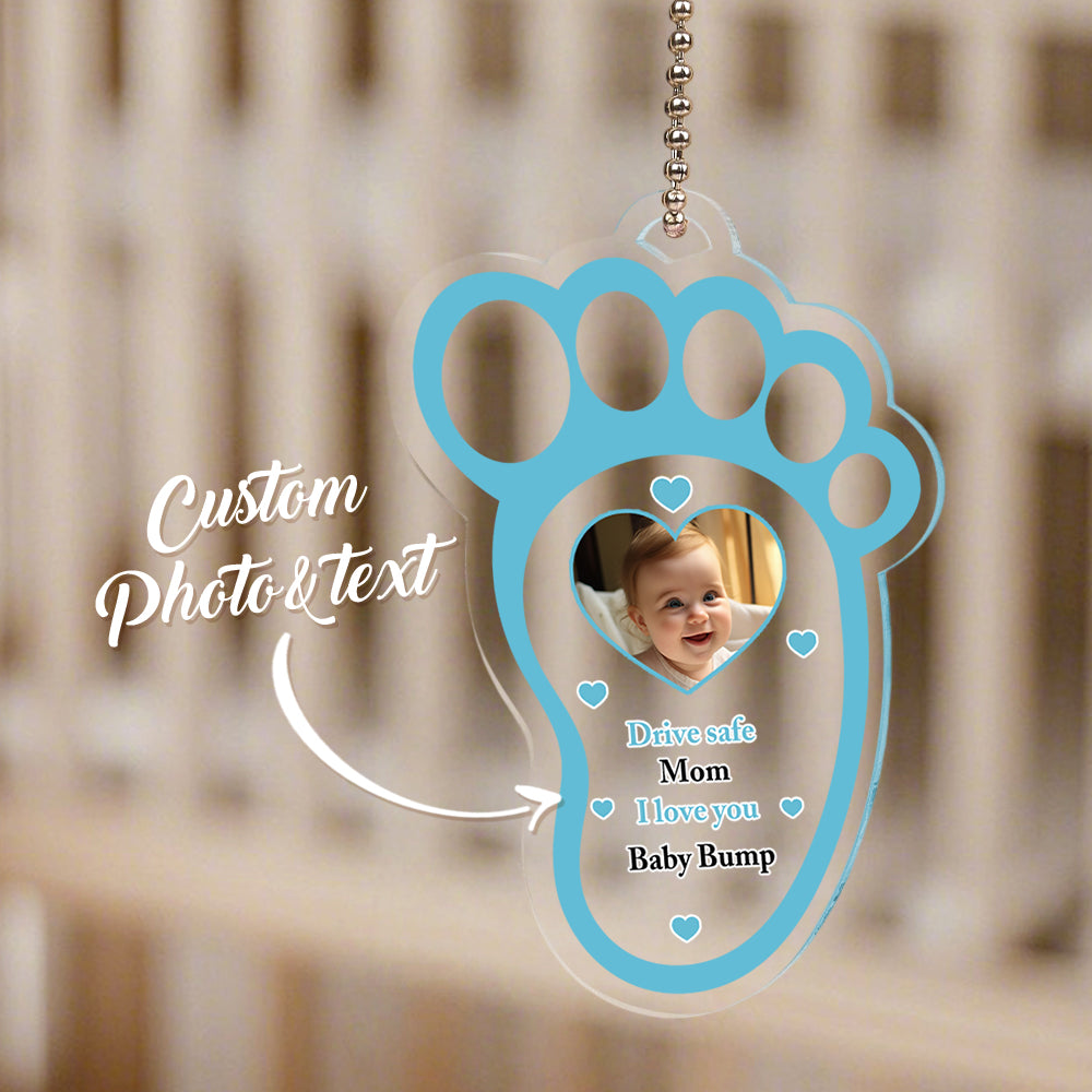 Elegant Father's Day gift idea: personalised drive safe baby footprint car mirror hanger for new dads.