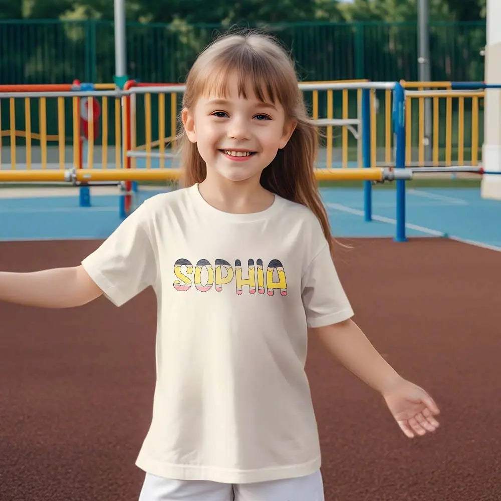 Back view showing collar and seam details of personalised school T‑shirt — easy‑care polyester