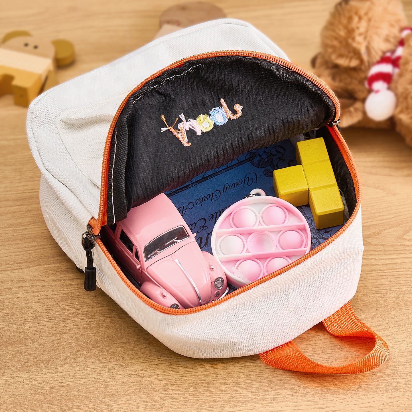 Front view of personalised mini corduroy backpack with embroidered name — soft textured child school bag ideal for preschool and back-to-school gifts.