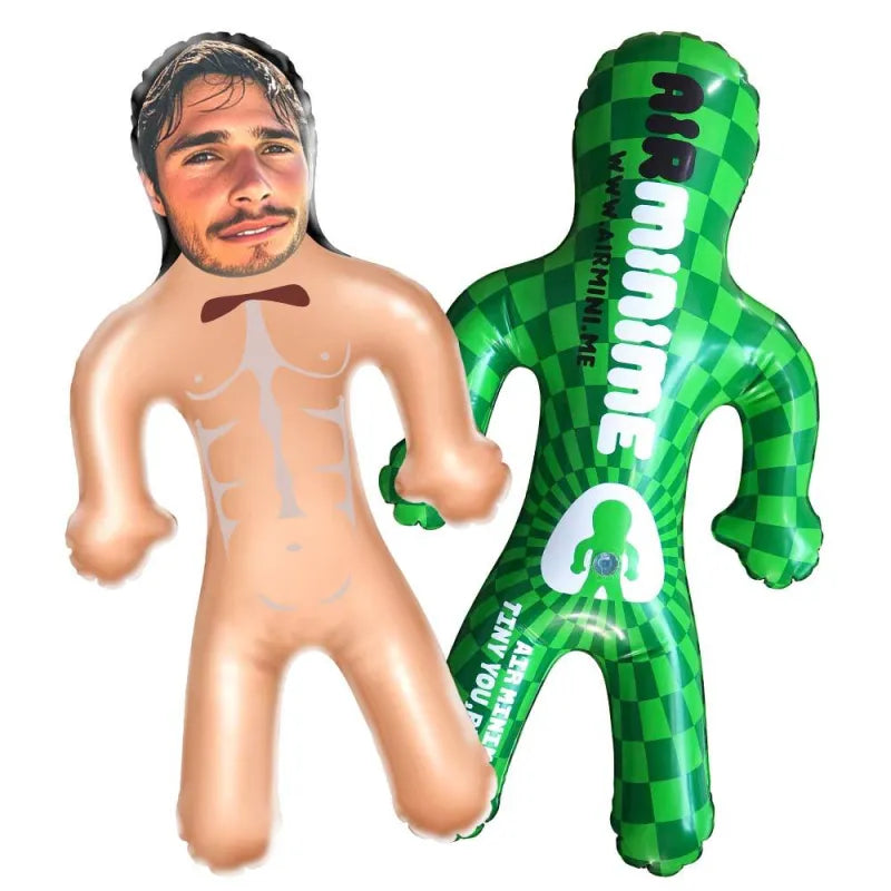 Full-length view of the personalised inflatable man with portrait print; great for poolside fun and novelty gifts.