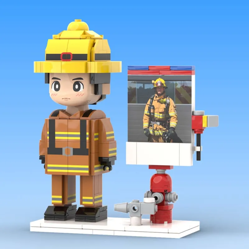 Gallery of personalised firefighter figures displaying different hairstyles, expressions and uniform styles — custom brick figure personalised photo gifts for firefighters