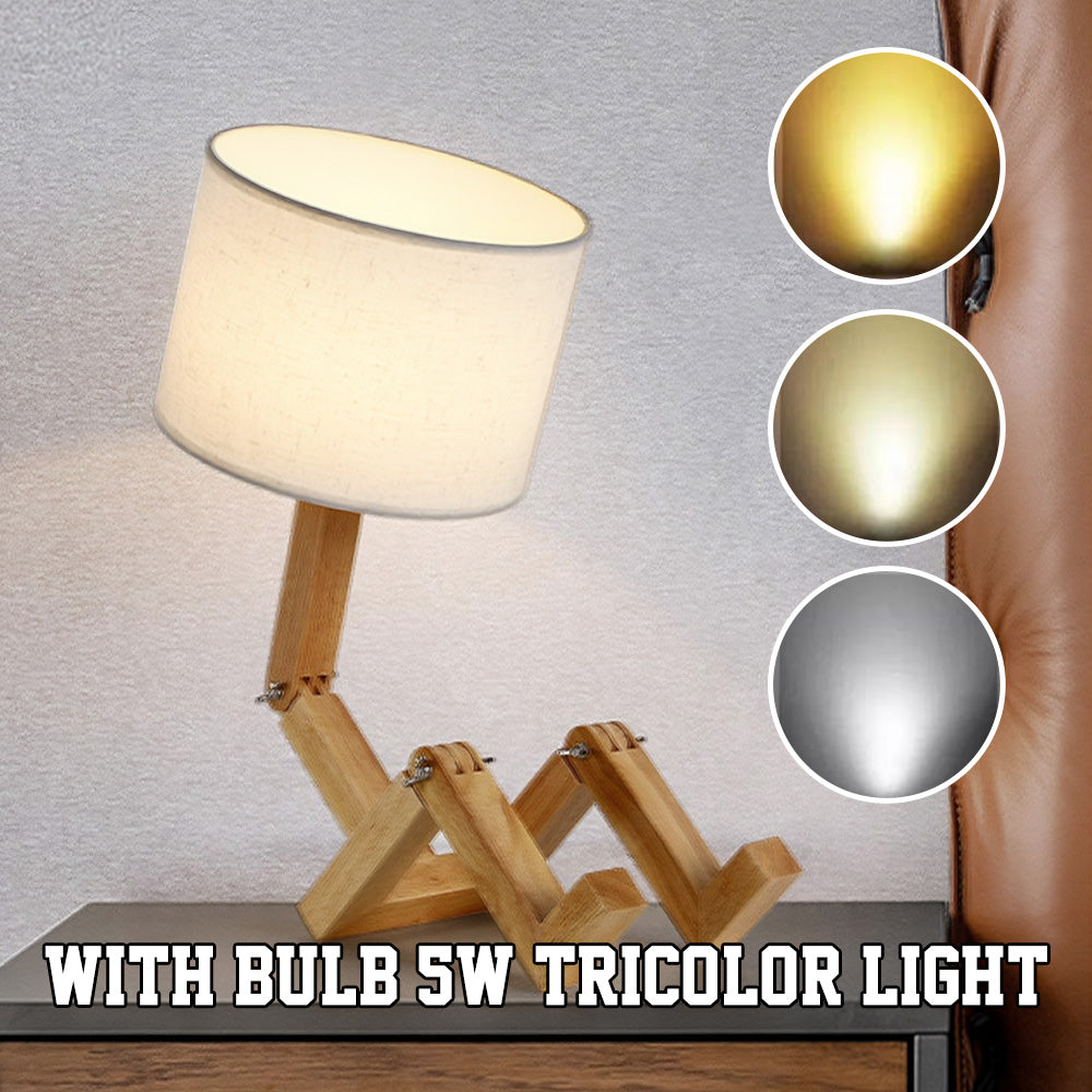 Wooden Robot Table Lamp - Creative Bedside & Living Room Lamp | Artistic Decor Gift