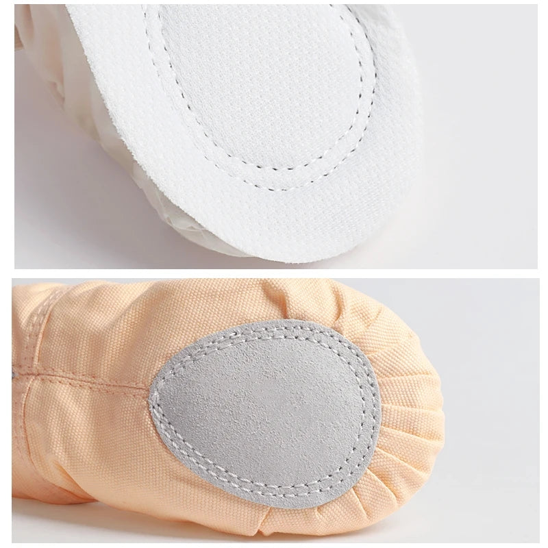 Close up of elastic drawstring and stitched canvas upper on soft split sole ballet pumps showing adjustable secure fit and professional finish