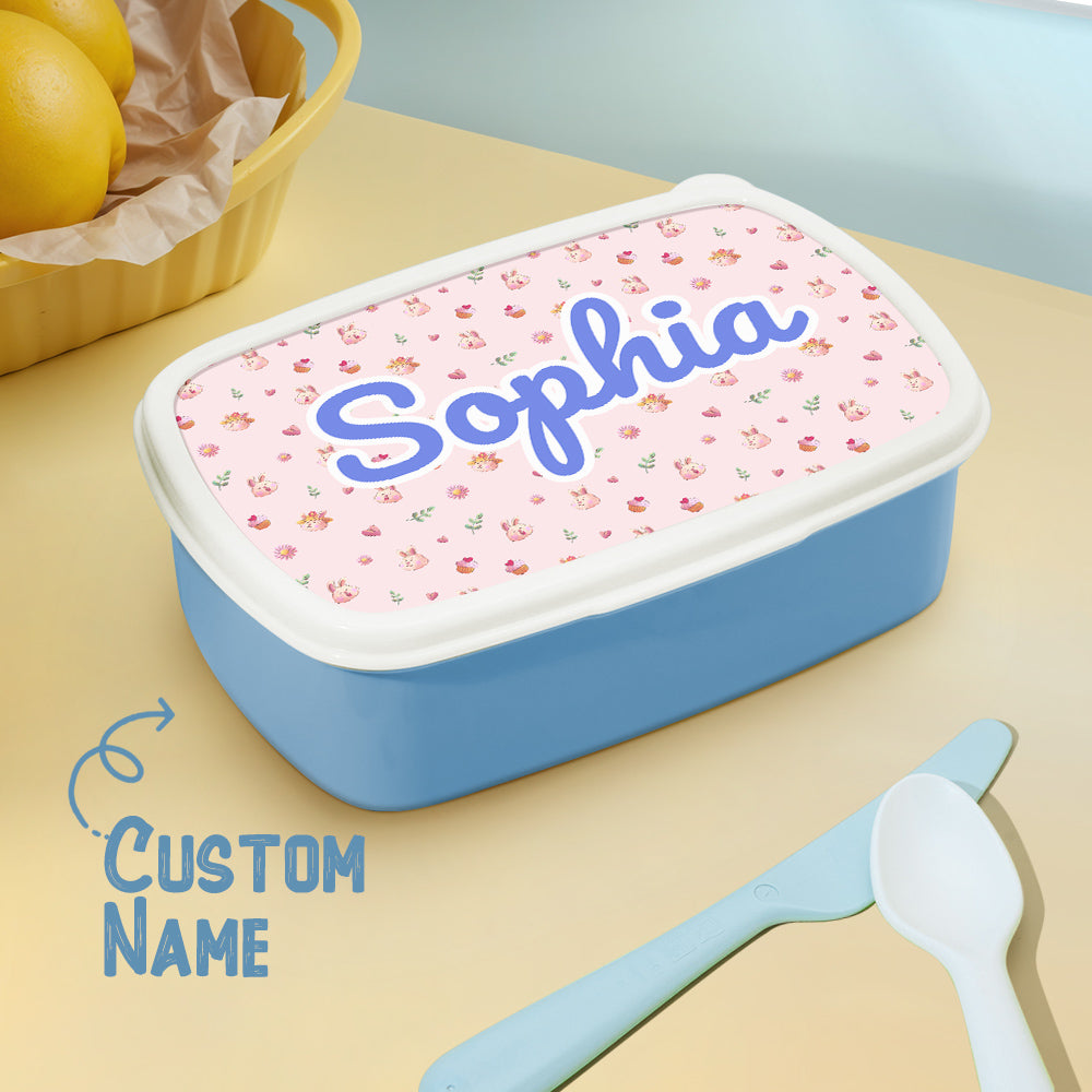 Front view of personalised cute cartoon rabbit lunch box for kids with custom name – ideal back-to-school or birthday gift