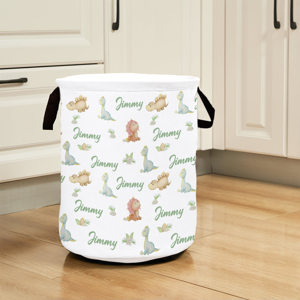 Full view of the personalised dinosaur storage basket with name being used as a toy organiser.
