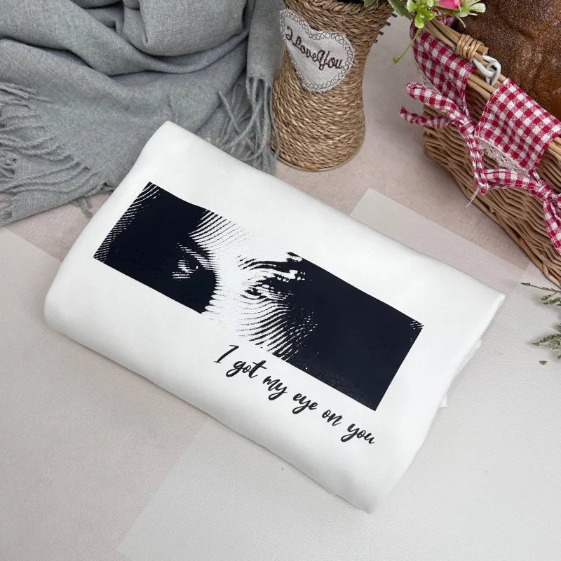 Model wearing personalised eyes T-shirt front view, contemporary art fashion — thoughtful wedding or anniversary gift for wife, husband or partner.