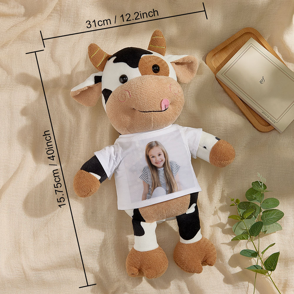 Child hugging personalised cow plush 31 x 40 cm to show huggable size — ideal birthday or Christmas personalised photo gift