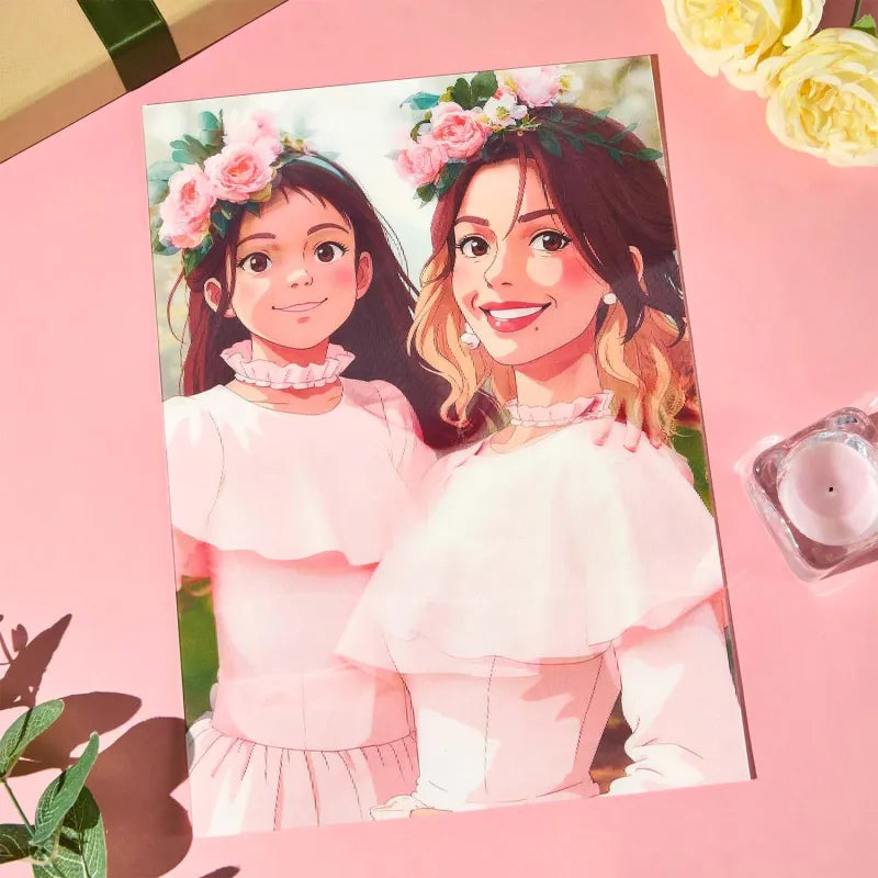 Close-up of personalised lenticular photo frame showing anime-style illustration, plastic frame finish and vibrant colours highlighting the depth effect