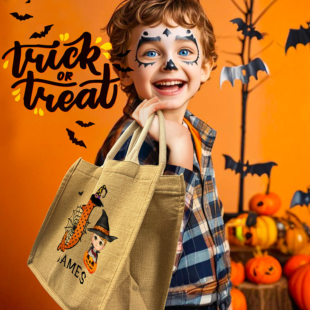 Spacious interior and sturdy handles of personalised pumpkin jute tote – ideal for collecting sweets on Halloween