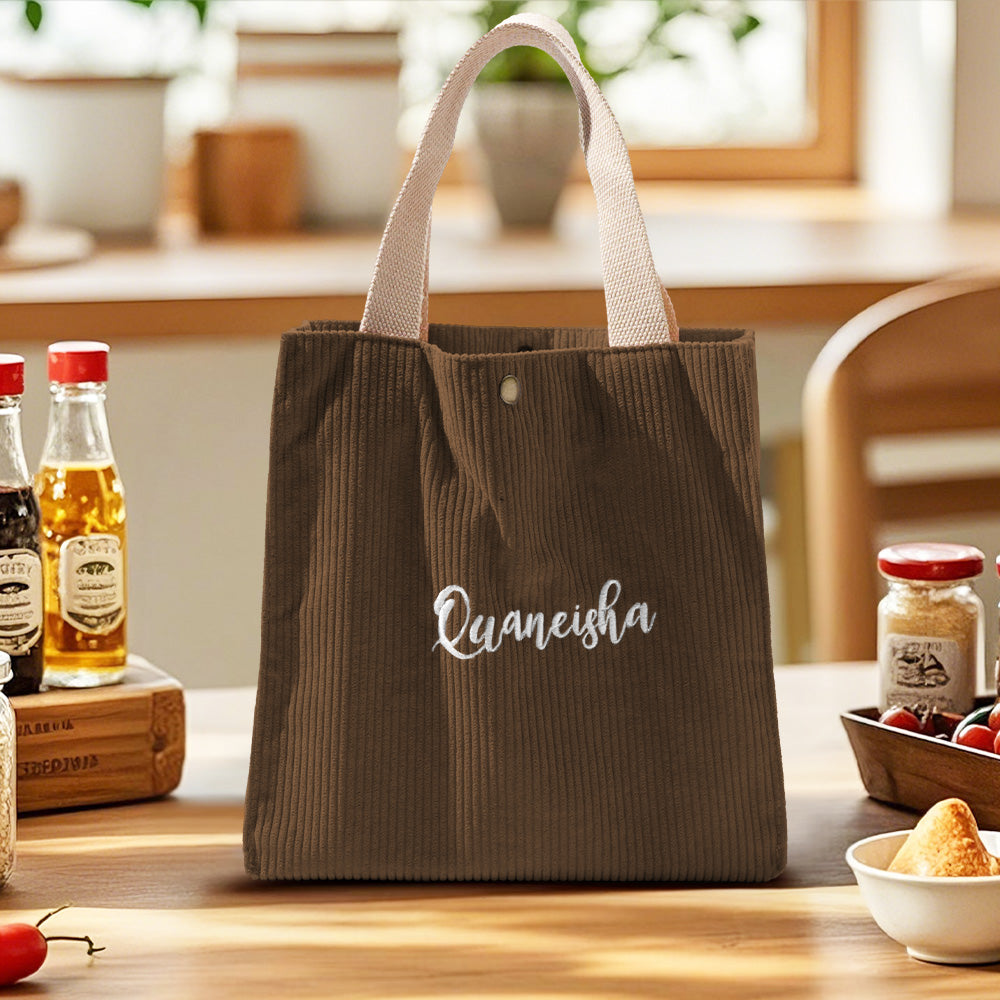 Open mini lunch tote with packed lunchbox and snacks – personalised embroidered name lunch bag for school