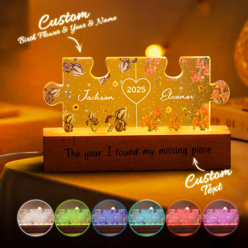 Personalised Couple Puzzle Night Light - Custom Name & Birth Flower LED Gift