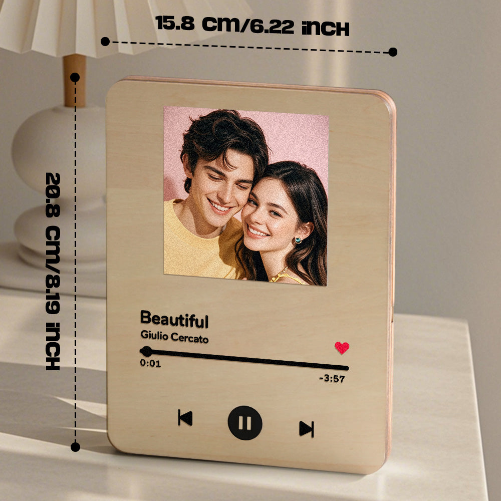 Custom photo printed on record face with option for engraved text — bespoke personalised photo music player