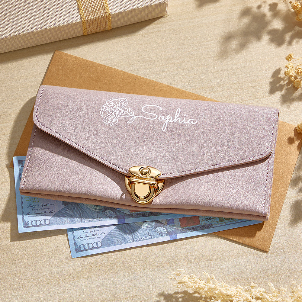 Personalised PU Leather Birth Flower Wallet – Custom Name Birthday Gift for Her