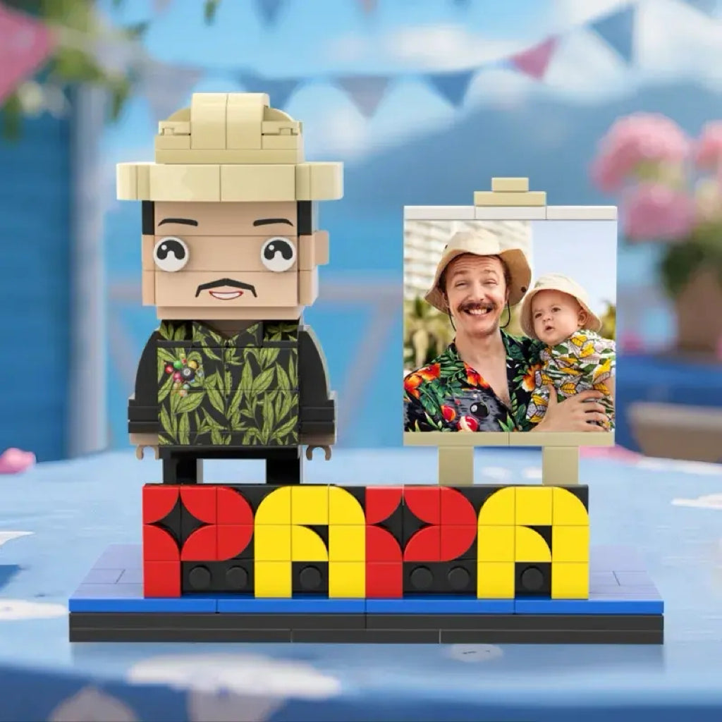 Side-angle view of a personalised brick figure for Dad highlighting profile, hair detail and handcrafted facial features — perfect personalised face gift