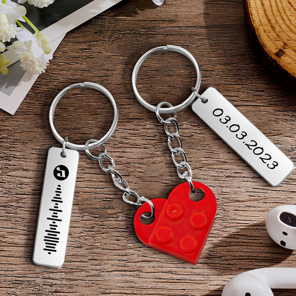 Date‑matching heart bricks engraved with a special date and romantic message – bespoke personalised keyring for partners