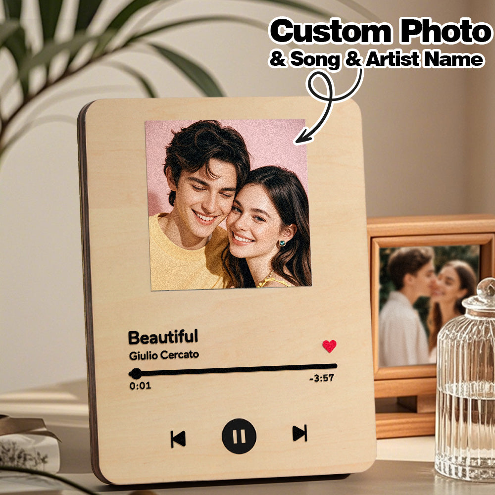 Demonstration of uploaded photo printed on the wooden record face — customisable personalised gift for couples
