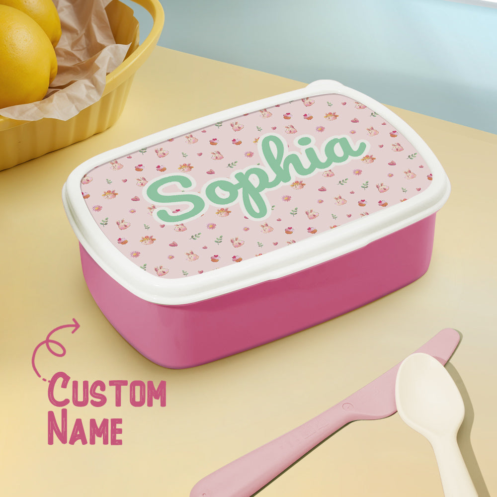 Front view of personalised cute cartoon rabbit lunch box for kids with custom name – ideal back-to-school or birthday gift