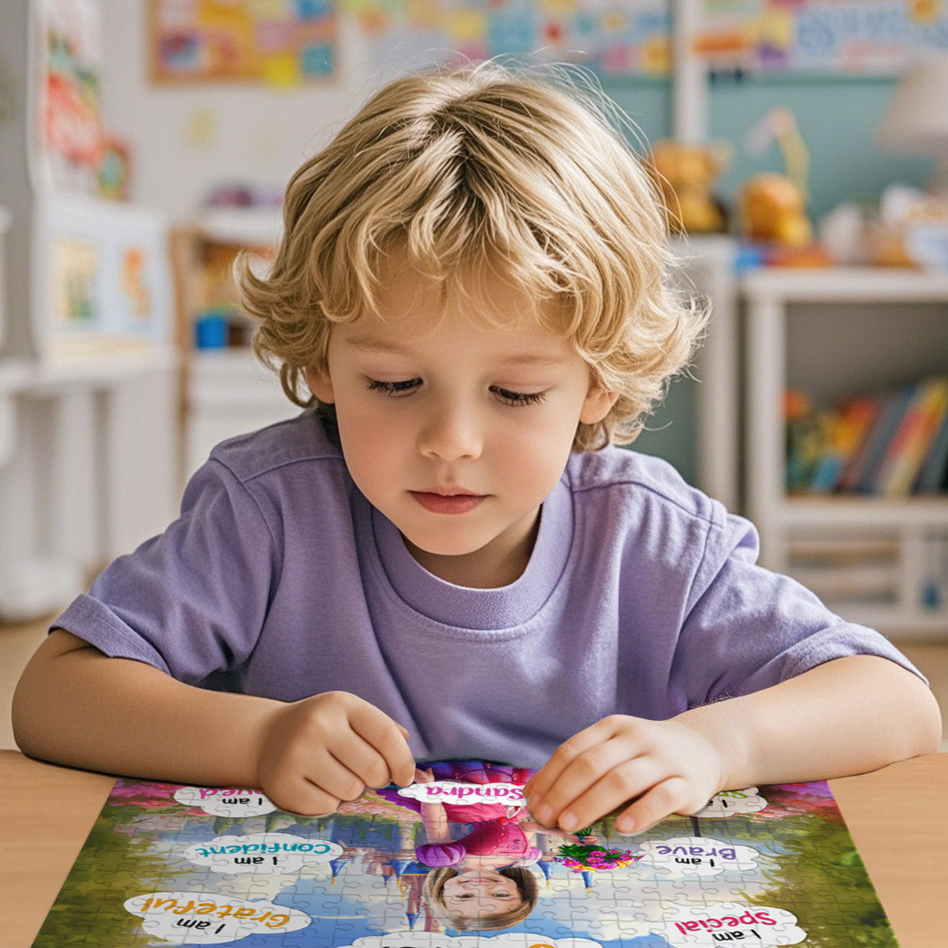 Close-up of personalised photo jigsaw showing princess pink dress artwork and printed photo detail — perfect personalised photo gift for kids and girls