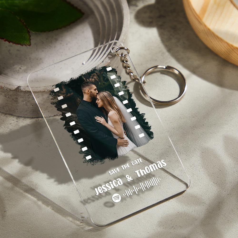 Overall view of the personalised Spotify Music Photo Plaque and Keychain in clear acrylic.