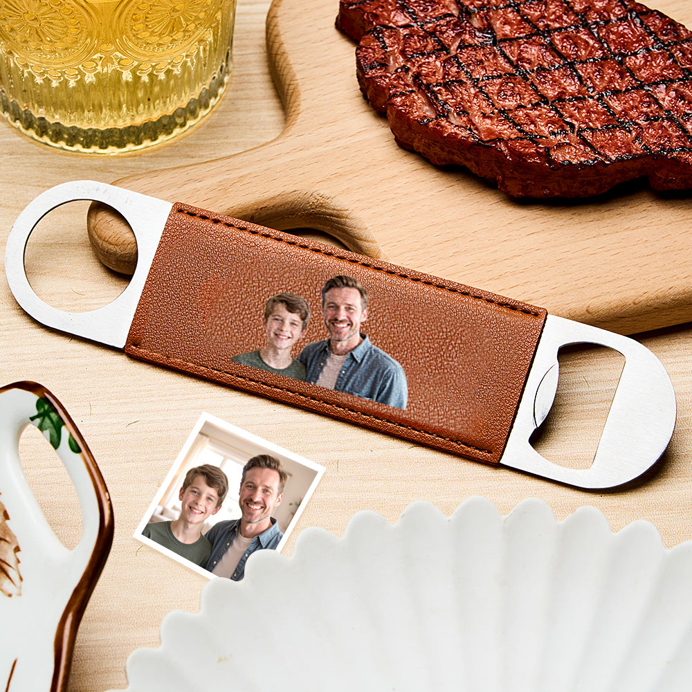 Close-up of the leather handle and printed photo on the bottle opener.