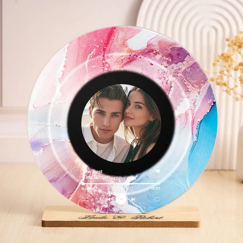 Custom vinyl record plaque freestanding on a sturdy wooden base – personalised photo and song keepsake for anniversaries and weddings