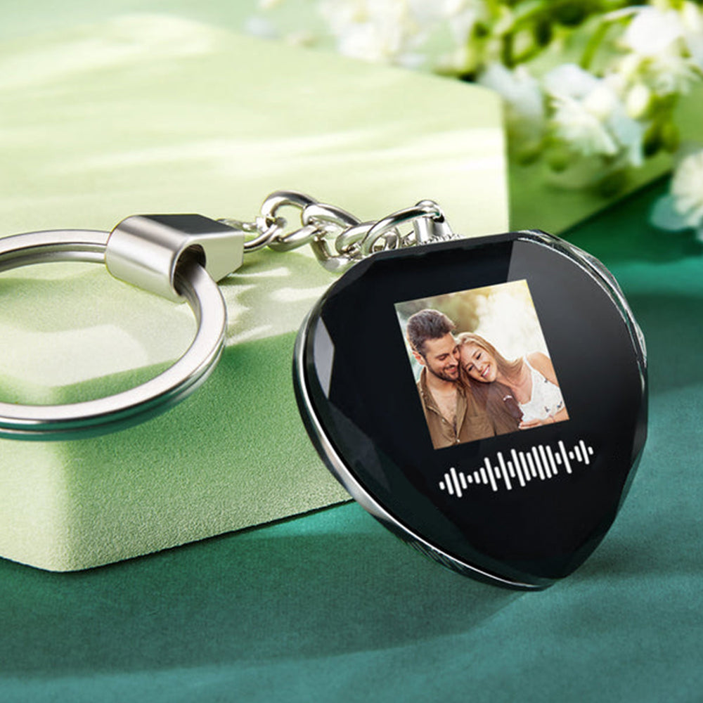Personalised Heart Crystal Photo Song Keyring – clear heart crystal with UV‑printed photo and scannable music code on an alloy key ring