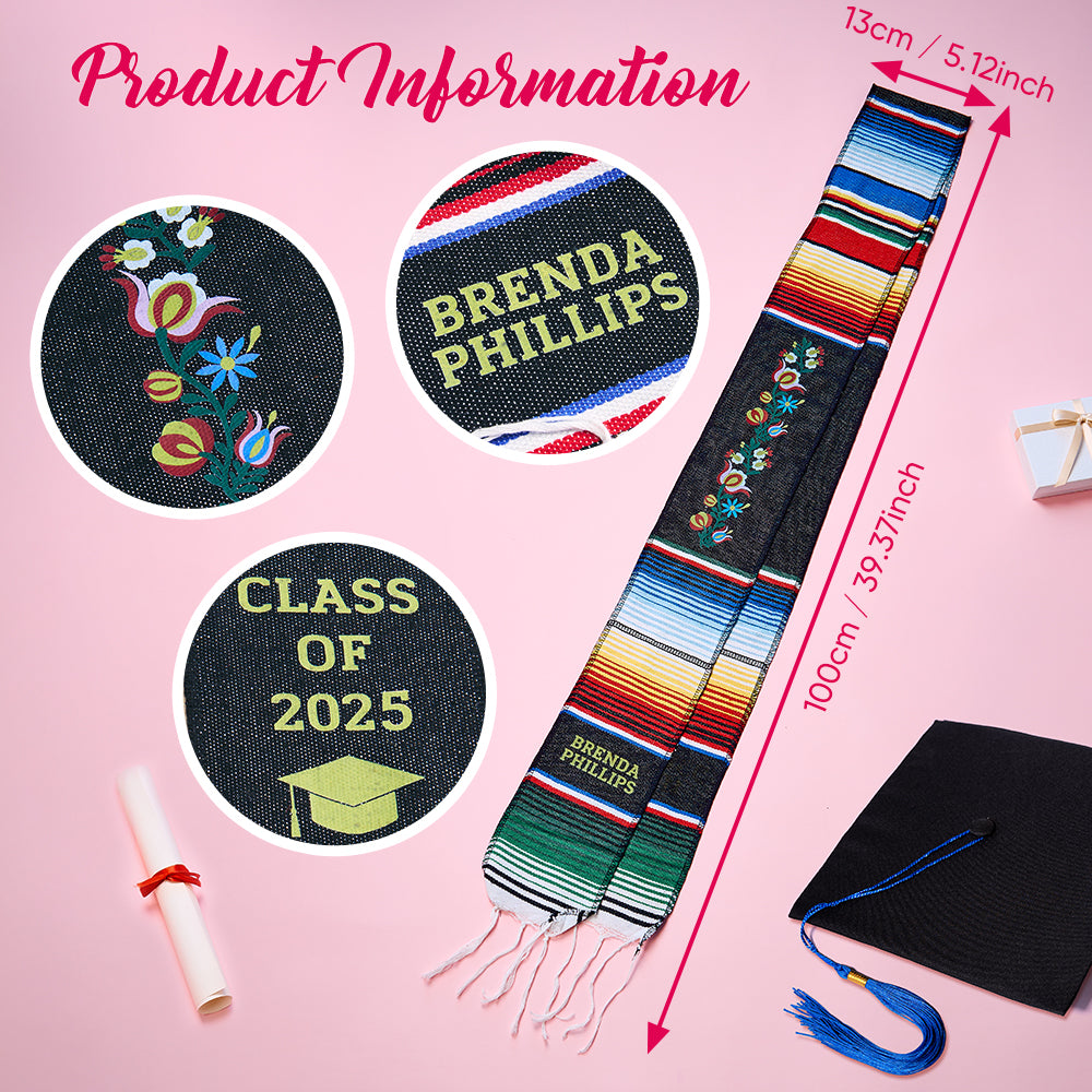 Personalised embroidery area on Mexican graduation sash with sample 'Class of 2025' text — customisable graduation gift for graduates