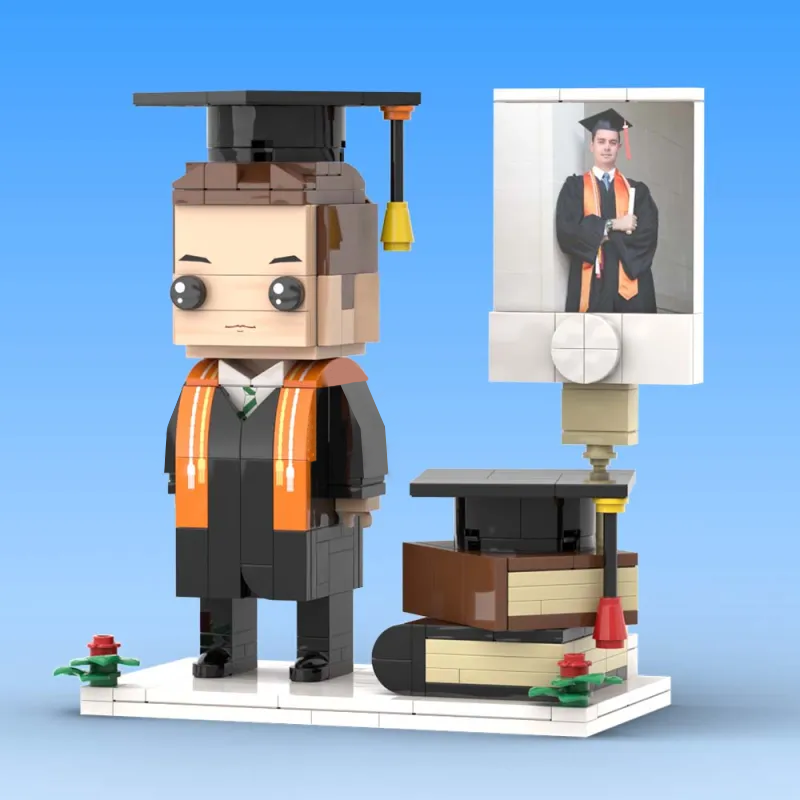 Close‑up front view of a personalised brick figure highlighting facial likeness and customised hairstyle for a photo‑based graduation gift