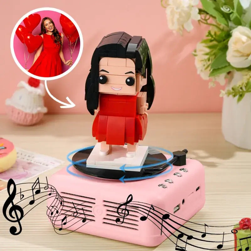 Gift-ready packaging for a personalised brick figure with Bluetooth speaker base, presented as an anniversary or birthday personalised gift