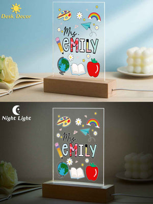 Custom Engraved Back to School Transparent Night Light with Stationery Design White Light Teacher's Day Gift
