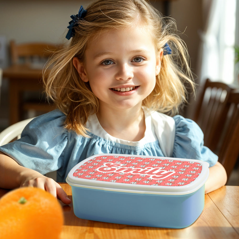 Floral print detail on personalised lunch box – colourful kids' design, perfect personalised name gift for classmates