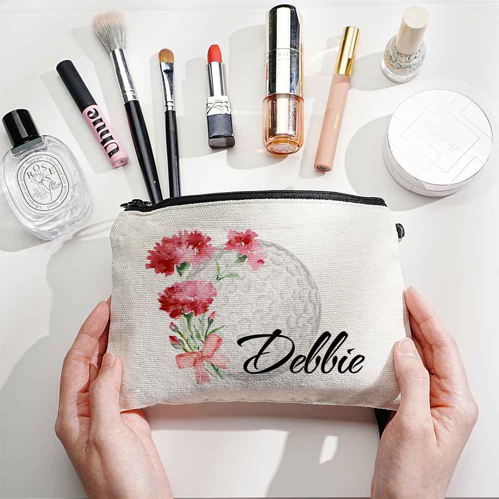 Custom Name Birth Flower and Golf Ball Design Canvas Makeup Bag - Personalized and Unique