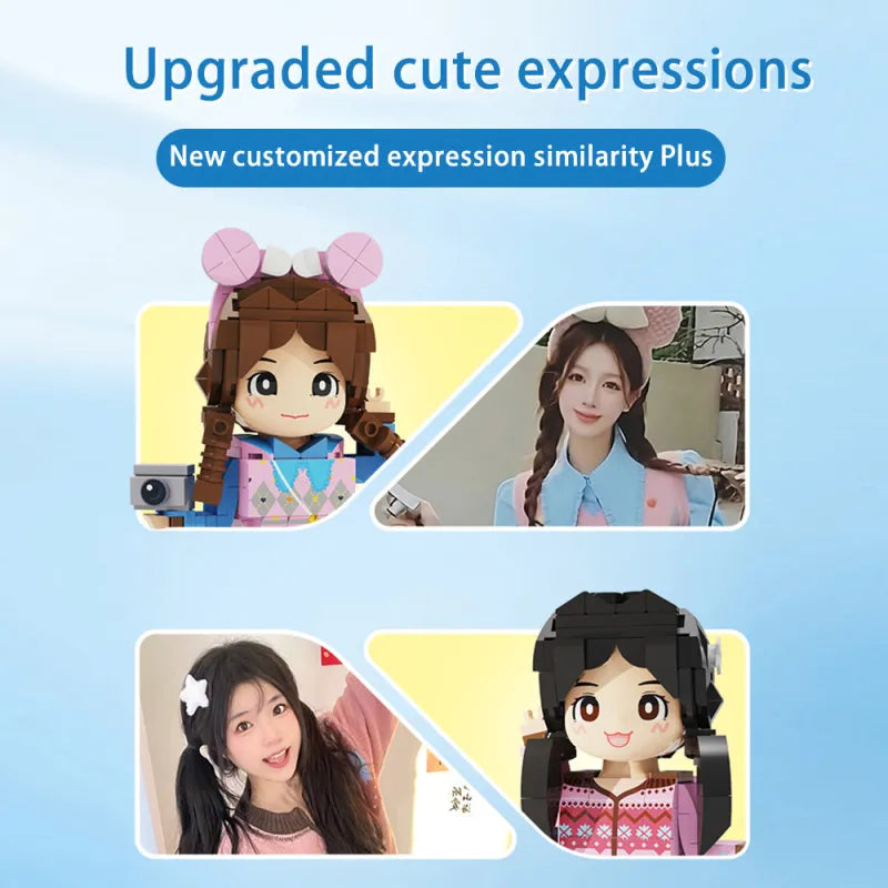 Collection of personalised Duddu brick figures showcasing hairstyle and outfit variations — ideal personalised photo gift or memorable keepsake