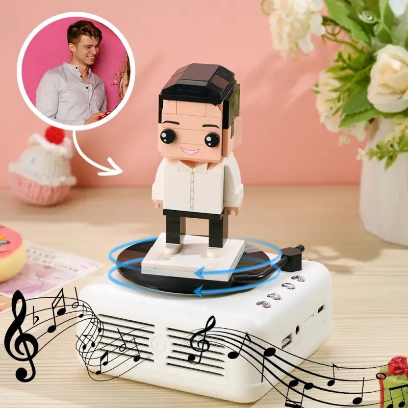 Close-up detail of customised face and expression on a personalised brick figure in Light Nougat skin tone — bespoke custom brick figure portrait