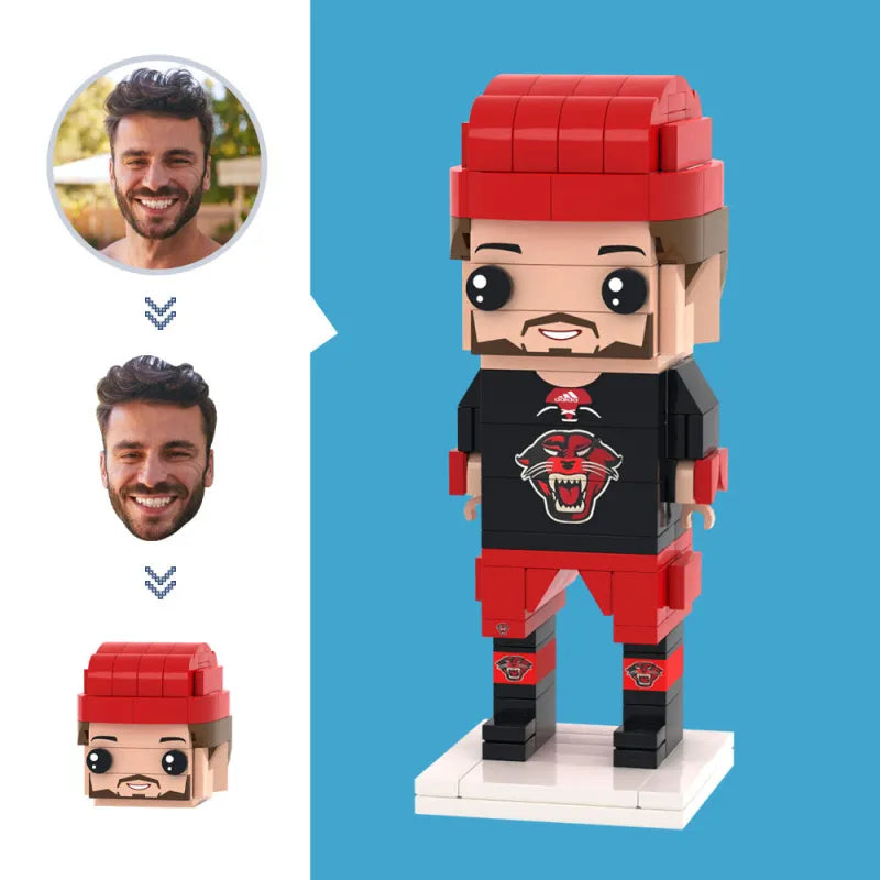Full-length view of a custom brick figure ice hockey player with a personalised head and hairstyle, standing in hockey stance, built from ABS bricks.