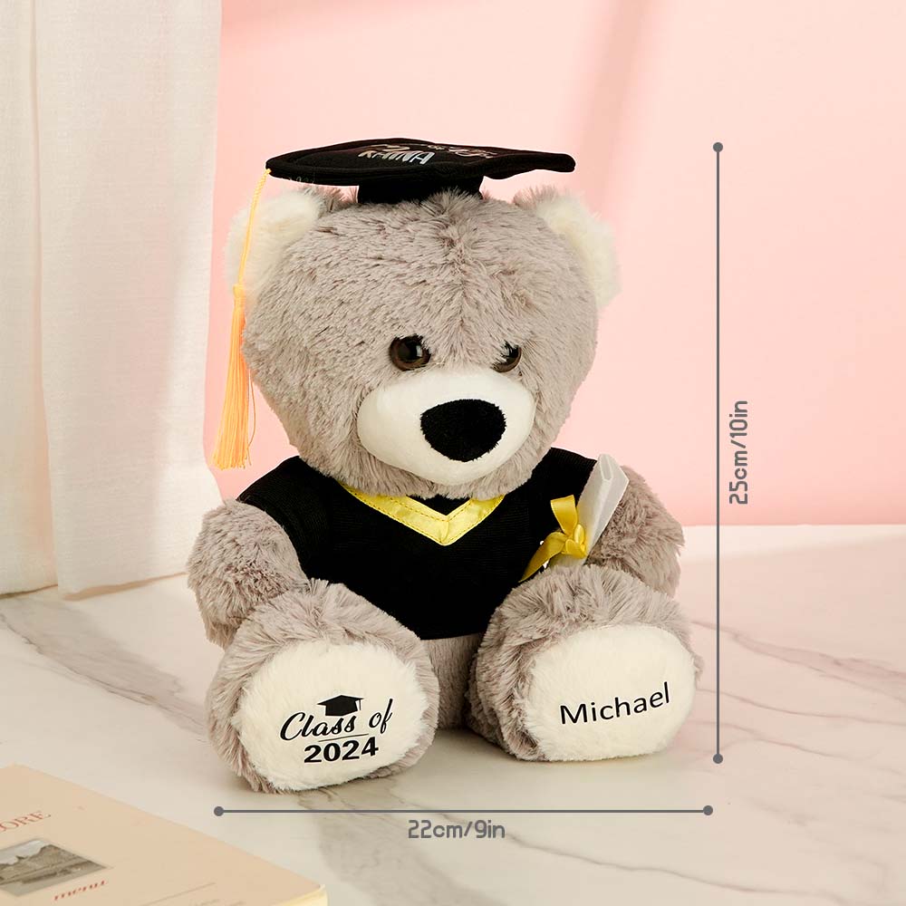 Studio shot of personalised soft plush graduation teddy with PP cotton filling — a durable, lightweight personalised graduation gift for teachers and teens