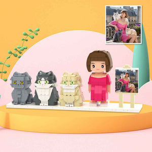Custom Full-Body Cute Brick Figures of 1 Person and 3 Cats with Frame Personalized Anniversary Gift Birthday Gift