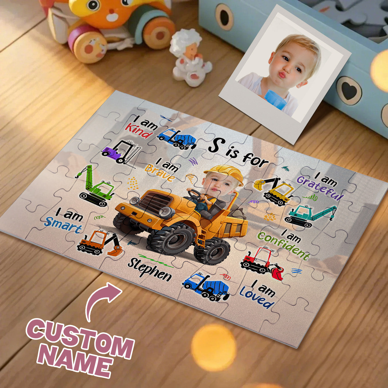 Personalised photo jigsaw puzzle featuring a bright construction truck and a child's portrait, ideal personalised kids' gift to encourage problem‑solving and fine motor skills