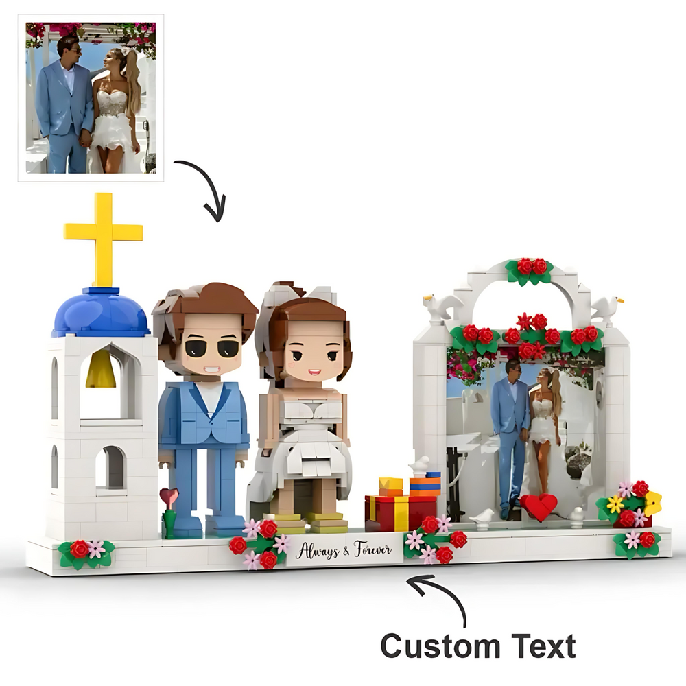 Full-body Custom 2 People Cute Brick Figures with Photo Frame Church Wedding Gift for Couple