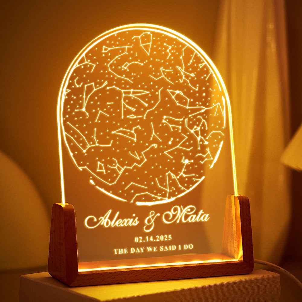 Personalized Name Night Light with 7 Colors – Custom Star Map with U-Shaped Walnut Wood Base
