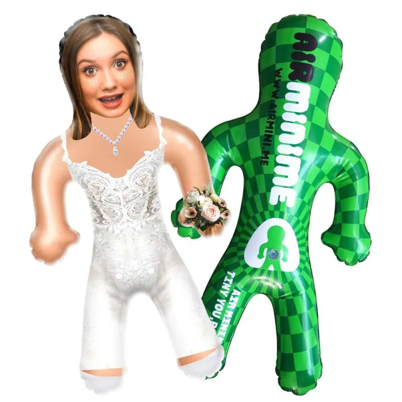 Side view of the personalised bride blow-up doll, showcasing its inflatable PVC body for fun wedding-party decor.