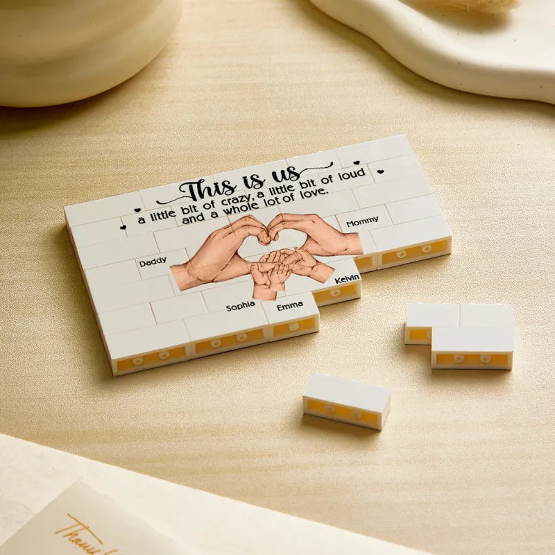 Close-up of personalised brick figure family puzzle with printed photos and text – ideal personalised gift for Mum or Grandma