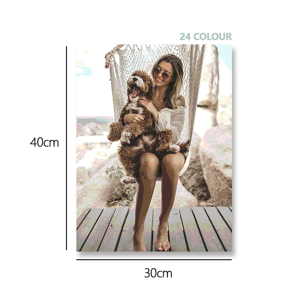 Close-up of UV-printed numbered canvas pattern with clear colour areas on a 30 x 40 cm personalised paint-by-numbers panel — custom photo paint by numbers