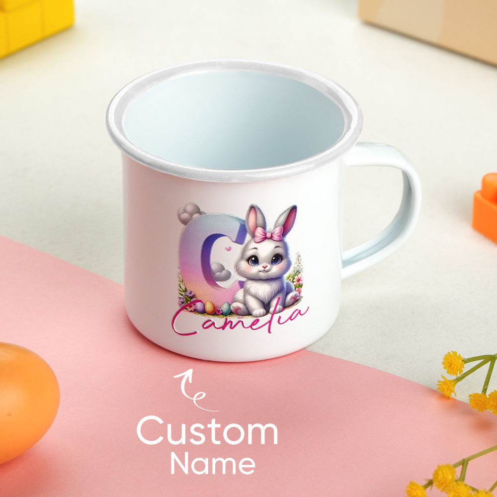 Little child sipping from a personalised bunny enamel mug — 12oz, double-layer design keeps exterior cool and safe for hot drinks