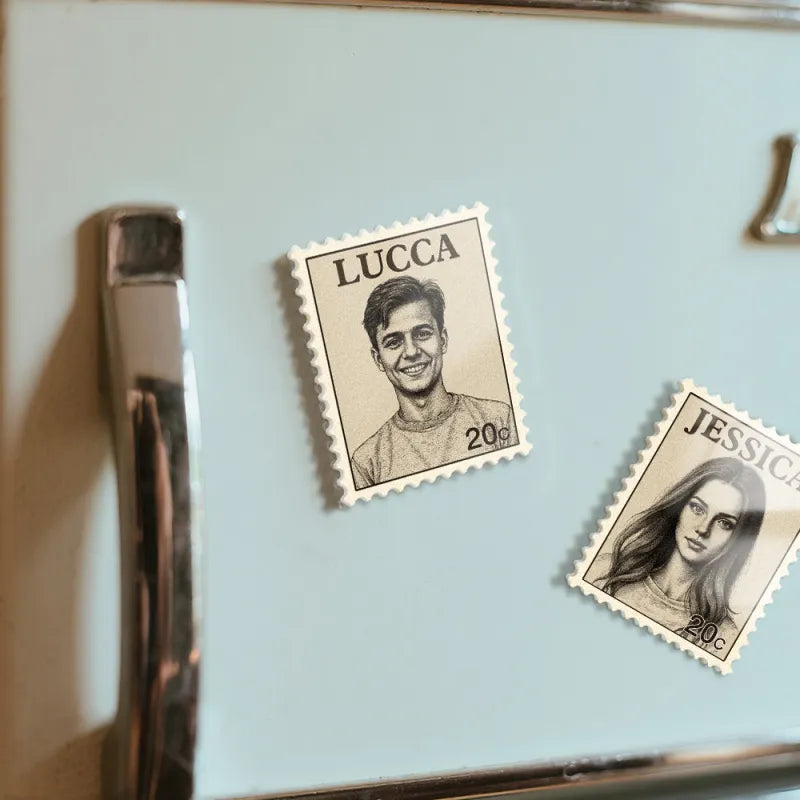 Custom portrait magnet with vintage postage-stamp design on a beige background; line-art portrait on acrylic fridge magnet with perforated edges (5.5 x 7 cm).