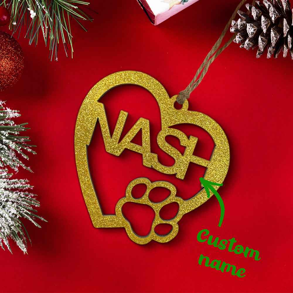 Personalized Wood Heart Dog Paw Name Christmas Ornament